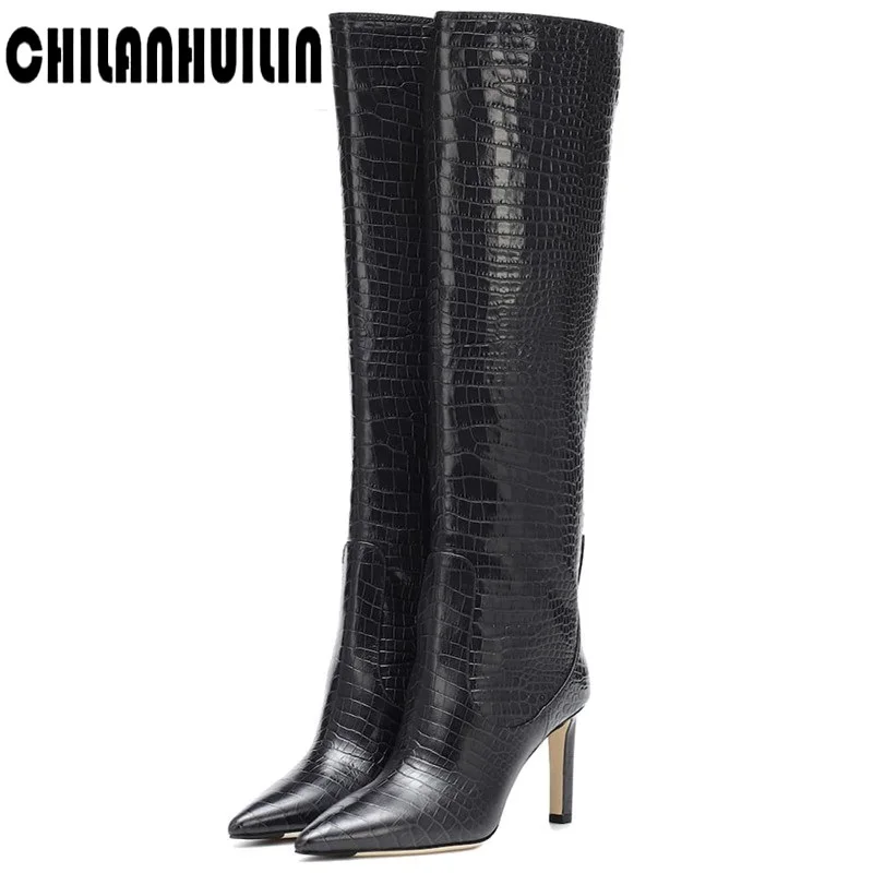 Женские сапоги гладиаторы до колена с острым носком из микрофибры на высоком