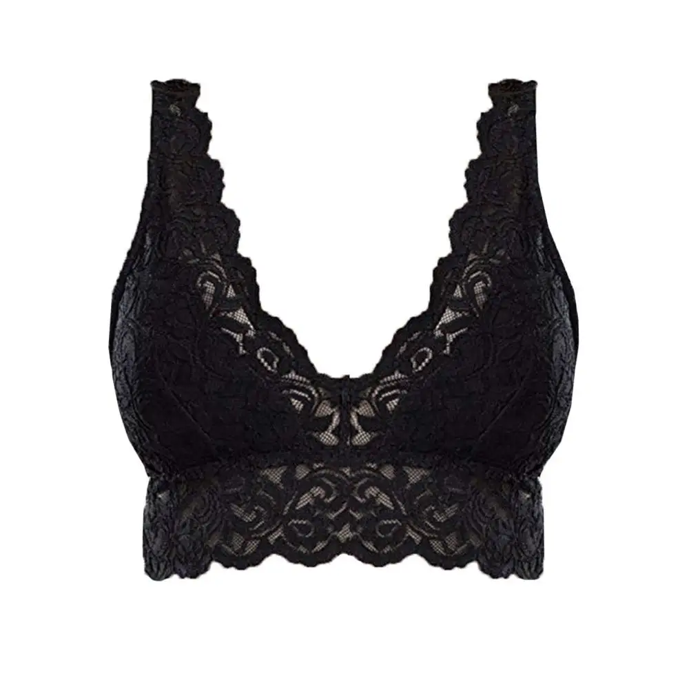 Black Bralette Plus плюс размер прозрачный кружевной бюстгальтер топы женское Сексуальное белье кружева Глубокий V Bralette удобное нижнее белье 12X - Цвет: Black