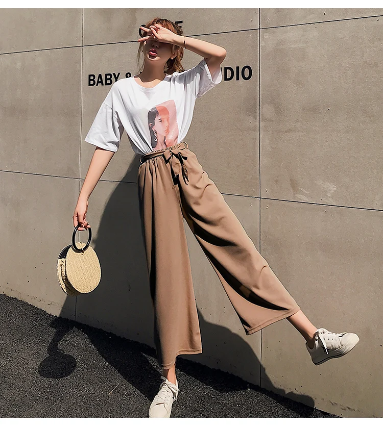 

2020 NEW Womens Loose Wide Leg Pants High Waist Solid Color Pleated Elastic Band Long Wild Fashion Pull-On Pants