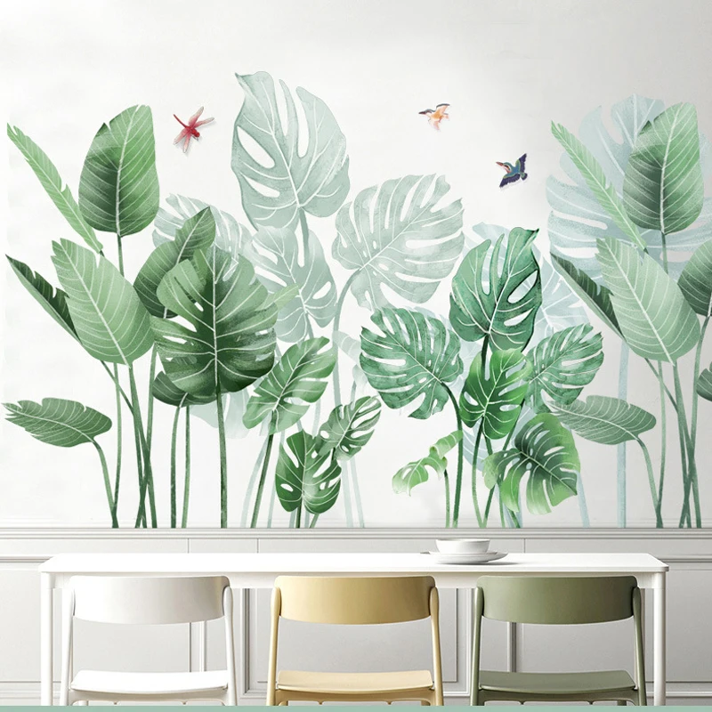 

Fresh Green Tropical Plant Leaves Stickers Wall Door Decor Living Room Corner Decoration Removable Vinyl Mural Art Decals