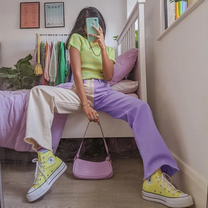 Прямые фиолетовые брюки Y2K для девочек модные женские винтажные с завышенной