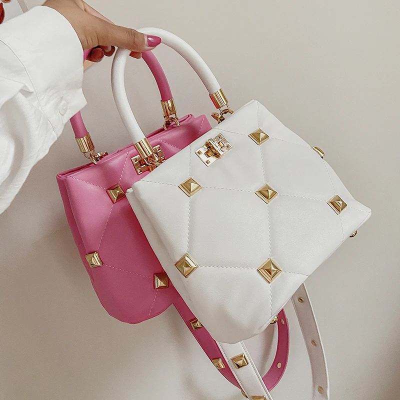 

Lattice Square Tote bag 2021 Summer New PU Leather Women's Designer Handbag Luxury brand Rivets Shoulder Messenger Bag Travel