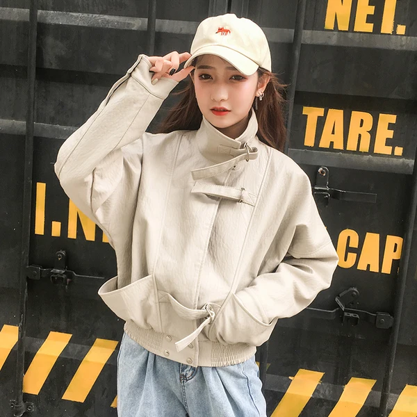 Женская винтажная куртка бомбер из искусственной кожи с длинным рукавом в