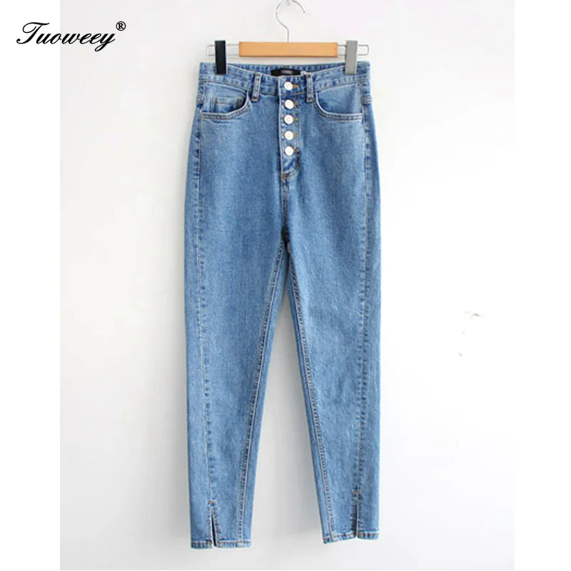 

Capris Streetwear Female Split Cuff Jeans Pants 2019 Autumn Vintage Single-breasted Women Denim Jeans High Waist Stretch Pants