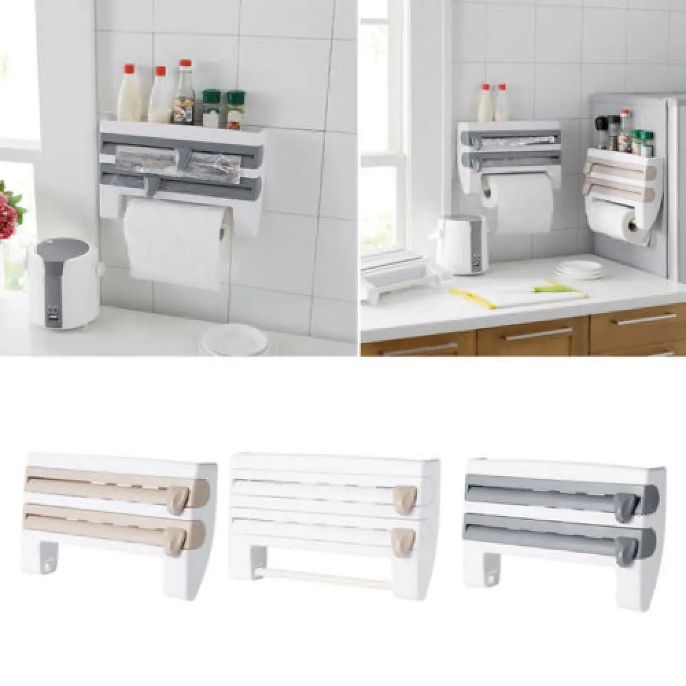 

Multifunctional Home Kitchen Film Sauce Bottle Storage Rack Paper Dispenser Preservative Film Rack Kitchen Accessory (White)