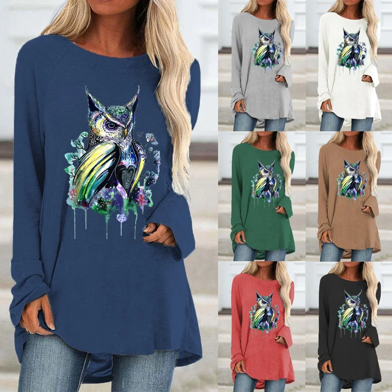 

Women Solid Color Fashion Printing Graphic Tee Long Sleeve Elegent Plus Size Loose T-shirt Round Neck Autumn and Winter
