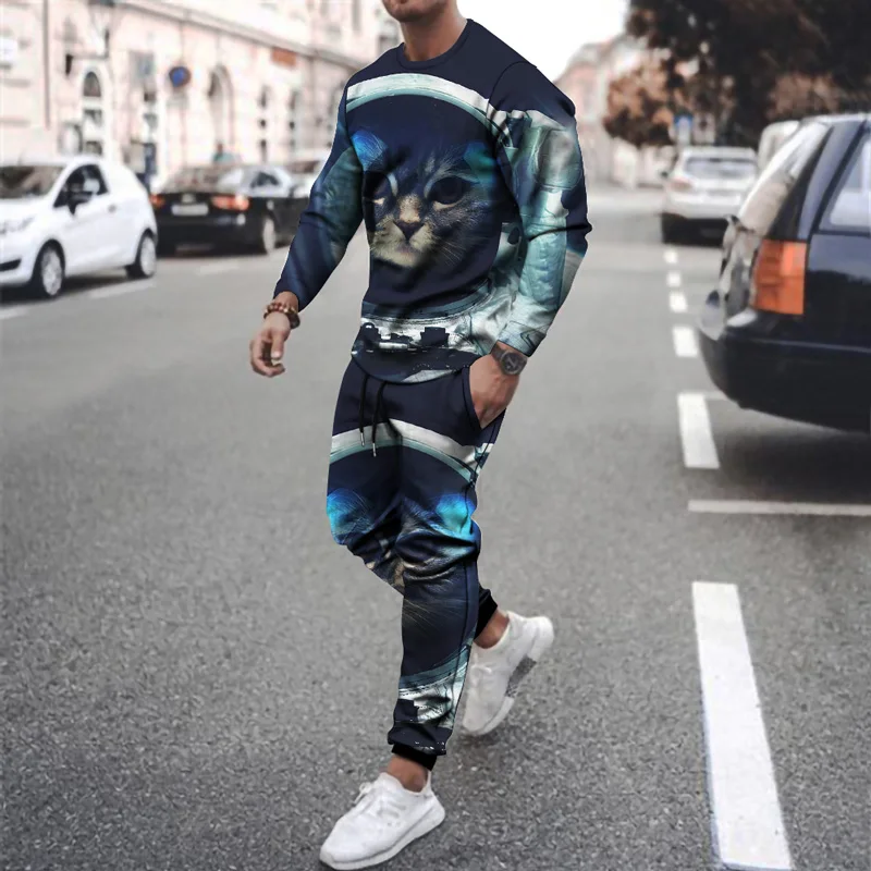 

3D printing casual suitSpring and autumn Men's round collar lion's head, cat animal series pattern trousers long sleeve jersey