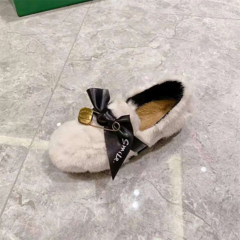 

Женские мокасины с кроличьим мехом, с бантом и надписью, из вельвета и хлопка, 2021