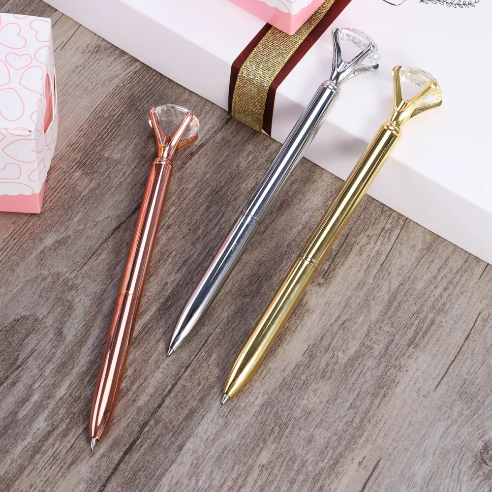 

3Pcs Pen with Big Diamond Crystal Metal Ballpoint Pen School Office Supplies (Rose Gold)