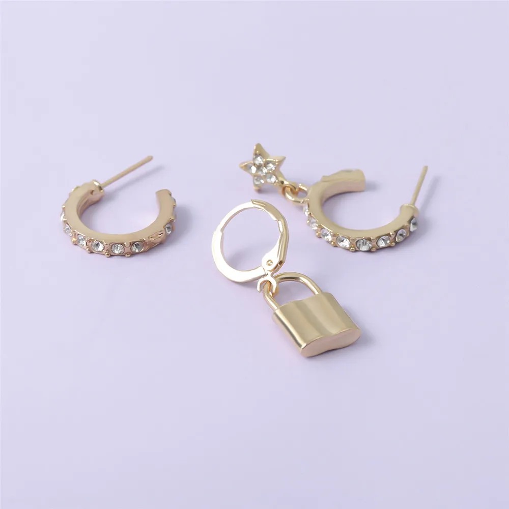 3Pcs/Set Shiny Crystal Star Lock Dangle Earrings for Female 2020 Trendy Tiny Charm Earrrings Set Party Jewelry Gift | Украшения и