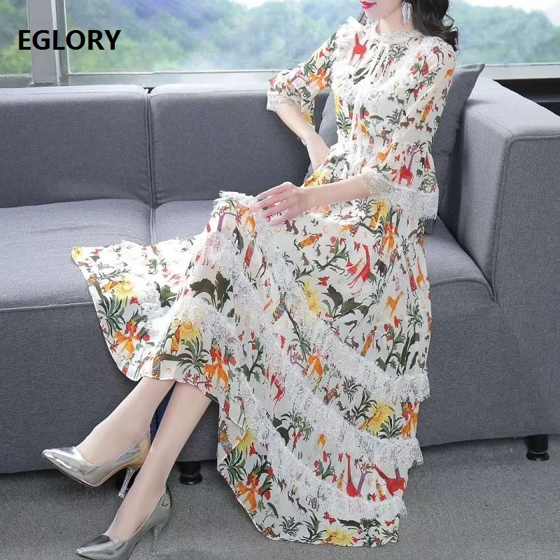 High Quality New Runway Style Dress 2020 Summer Women Sexy Wild Animal Flower Prints Lace Patchwork Flare Sleeve Mid-Calf Dress