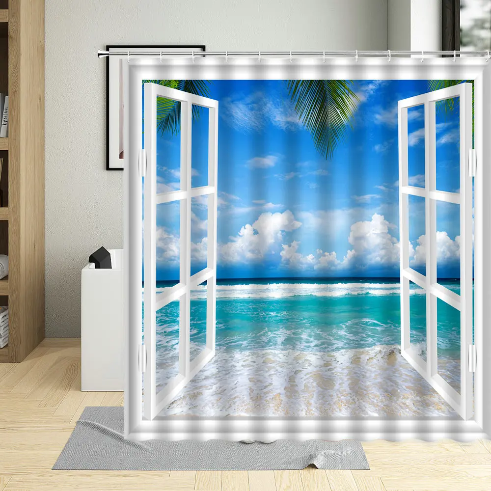 

3D Window Beach Scenery Shower Curtain Palm Tree Sea Natural Landscape Bathroom Decor Polyester Cloth Hanging Curtains Sets