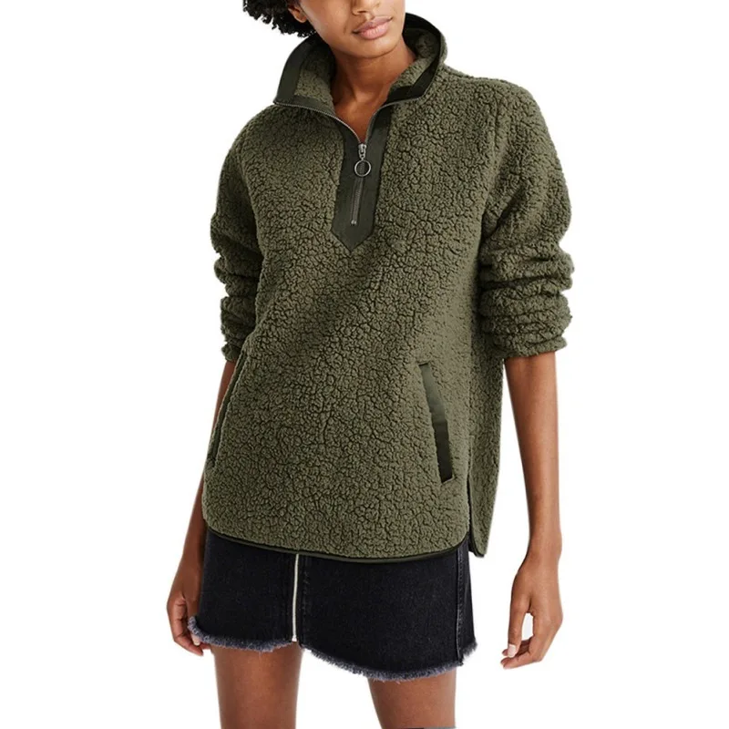 

Women coat solid color long sleeve zipper casual warm winter autumn loose tops jacket soft Sweater ladies lamb wool coat