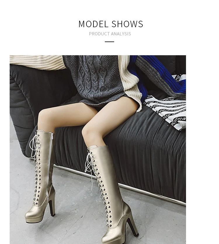 ANMAIRON PU Knee-High Round Toe Boots Women Super High Square Heel Winter shoes Zip Cross-tied Thigh High Boot Solid Short Plush