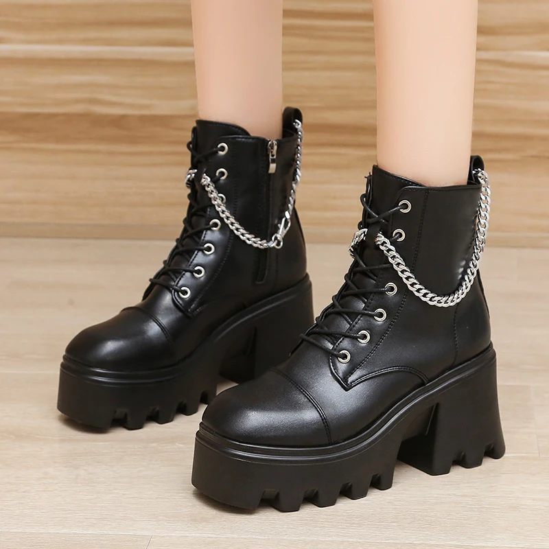 

Brand Design Gothic Boots Square Heel Lace-Up Platform Women Ankle Boots Woman Shoes Minimalist Lace-up Front Combat Boots