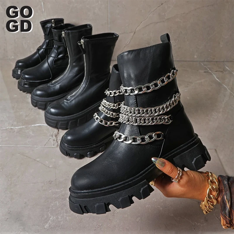 

[GOGD]Spring/Autumn fashion handsome and punk Modern Boots Fashion Chain Women's Shoes PU Leather Roman Square Heel Party ZIP