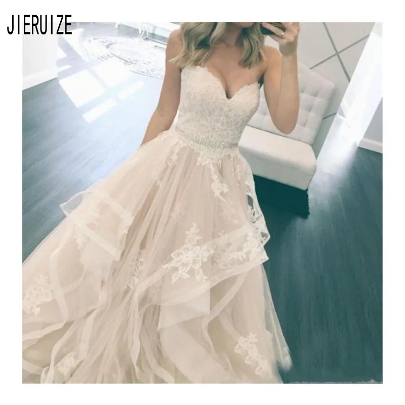 

JIERUIZE Simple Elegant Wedding Dresses Appliques Sweetheart Crystal Sash Button Back Beach Tulle Tiered Skirts Bridal Gowns