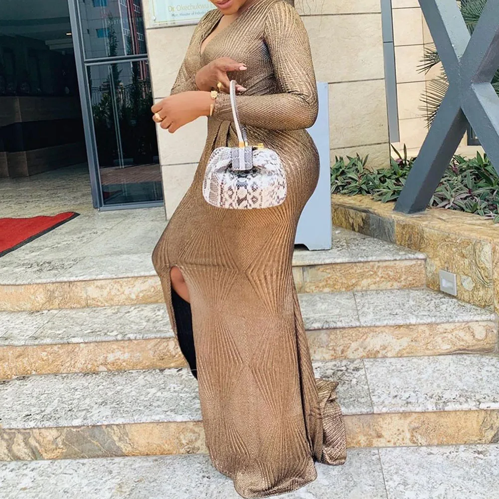 Женское вечернее платье в африканском стиле коричневое длинное длиной до пола с