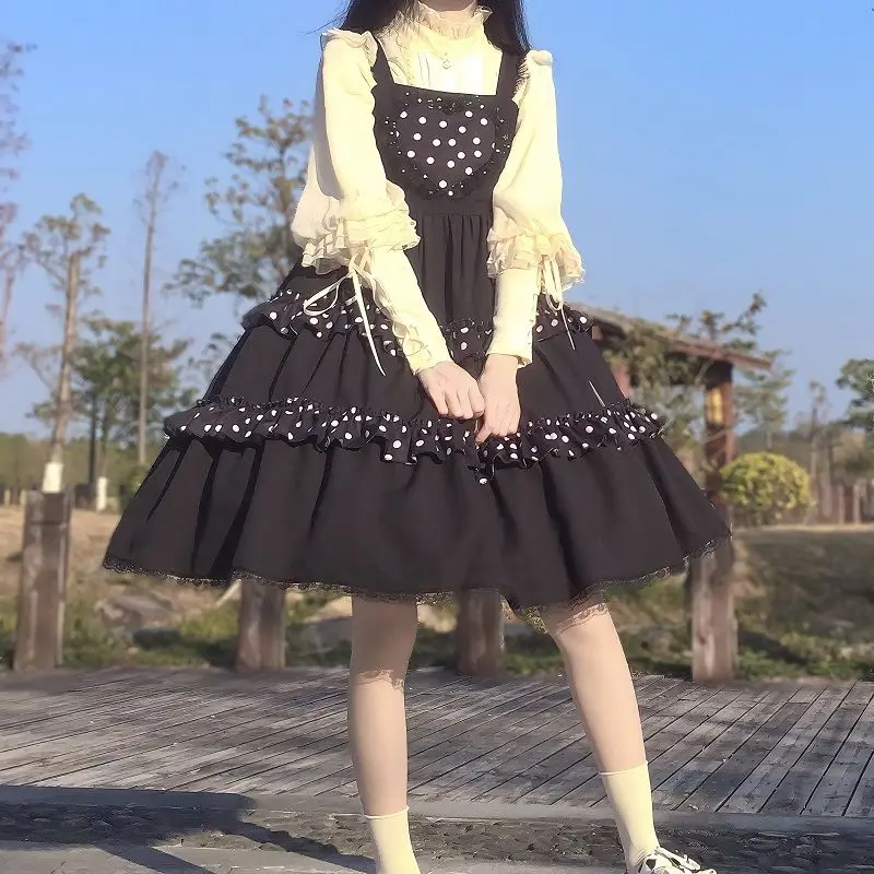

Summer Fairy Polka Dot Sweet Elegant Princess Dress Women Japanese Kawaii Aesthetic Banquet Party Black Suspender Dress 2021 New