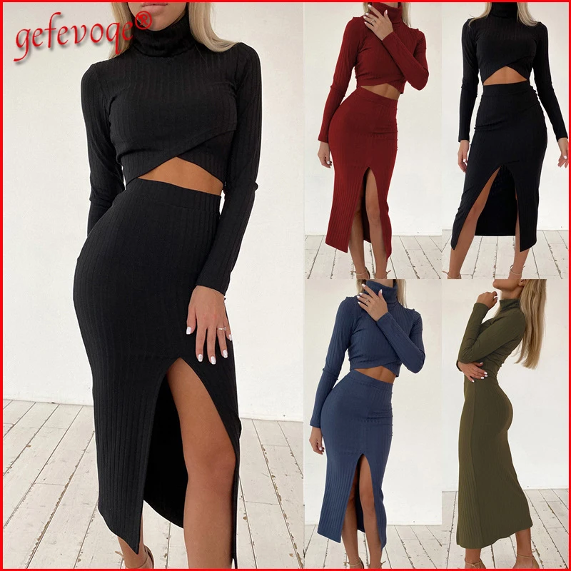 

Hollow Out Sexy Slit Elegant Bodycon Knitted Dresses2022 Women's Casual Turtleneck Long Sleeve High Waist Midi Dress Outfits 3XL