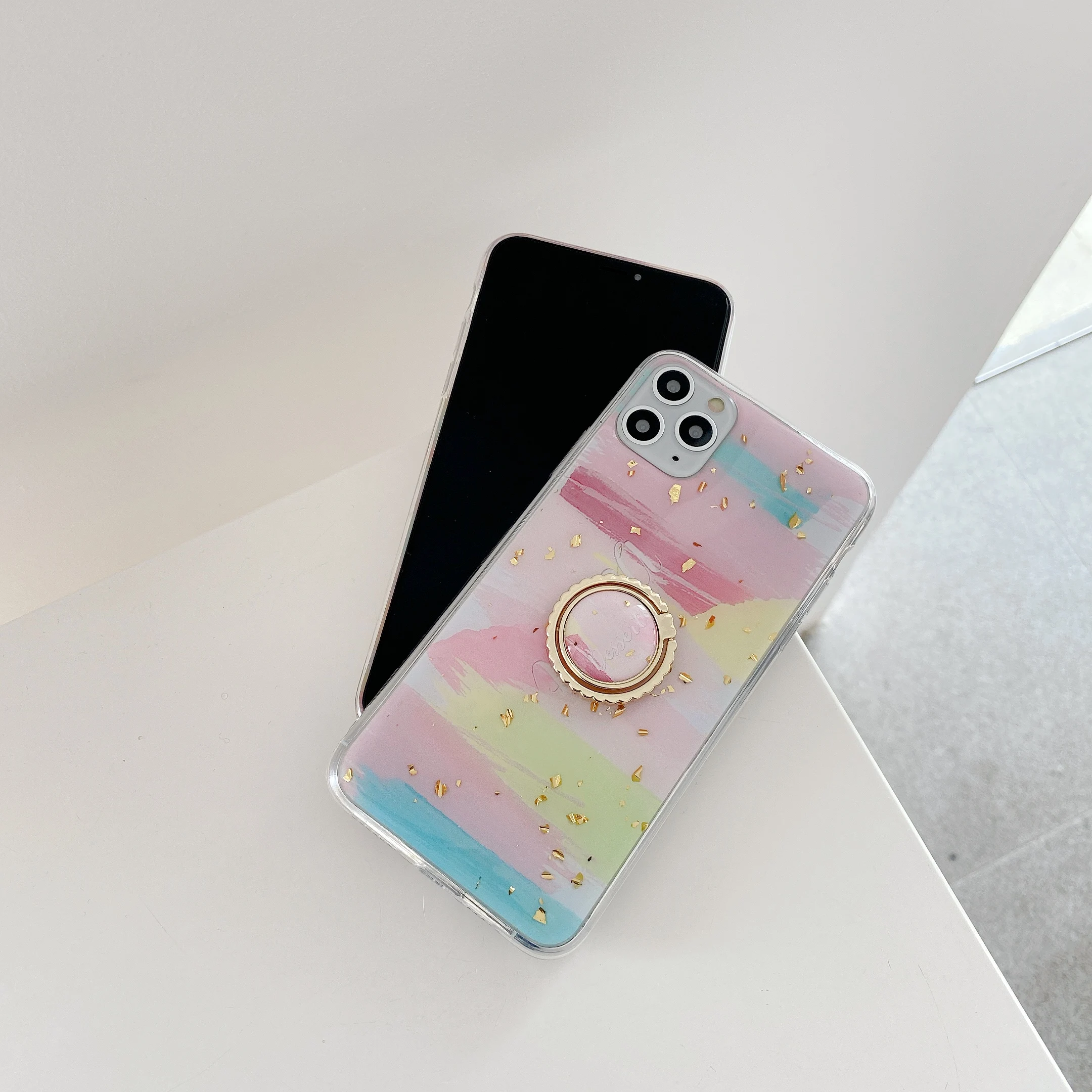 

Fashion Cute Rainbow Phone Case For iPhone 11 12 XS Pro Max 12 Mini XR X 7 8 Plus Soft Silicone Covers With Ring Holder Stand