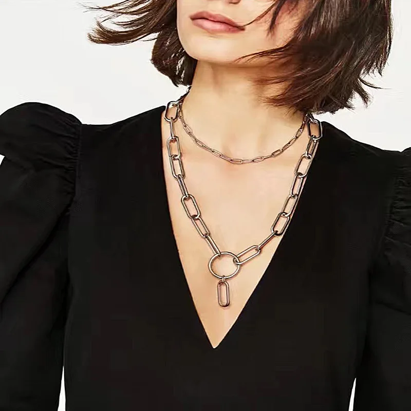 

2020 New Trendy Simple Punk Rock Aluminum Metal Chain Necklace TWO Layer Chain Necklace for Men Women Unisex Chain Necklace