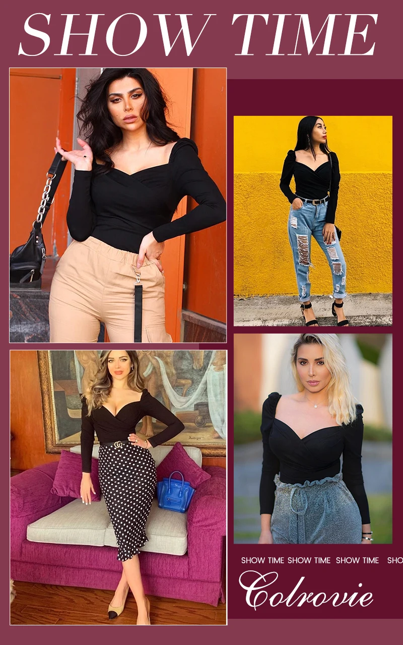COLROVIE Black Solid Zip Back Fitted Wrap Sweetheart Elegant Blouses Women Spring Long Sleeve Shirt Sexy Office Ladies Tops