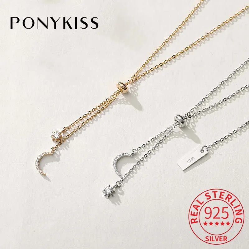 

PONYKISS S925 Стерлинговое Серебро Циркон Луна Звезда кисточка регулирующееся ожерелье вечерние изящные элегантные аксессуары прекрасный подар...