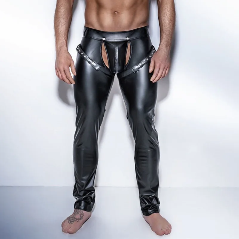Mens Trousers Open Crotch PU Leather Latex Leggings Fitness Pencil Pants Taniec Na Rurze Clubwear Gay Sexy Wetlook XXL | Тематическая
