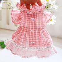 dog skirt pet dogs cat clothes spring summer pink plaid breathable lace princess skirt poodle crystal button puppy clothing
