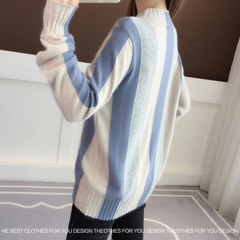 

Lucyever Warm Women Pullover Sweater Fashion Striped Half Turtleneck Warm Thick Winter Long Sleeve Jumper Casual Girls Knit Tops