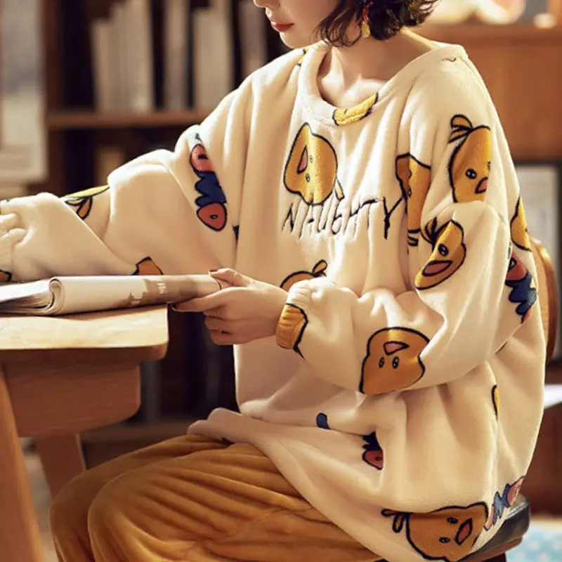 

Home Wear Set Kawaii Pajama Sleepwear Plus Size Coral Fleece Pajamas Set Women Long Sleeve Cartoon Graphic Autumn And Winter