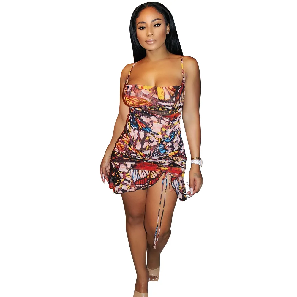 

RStylish Women Dresses Sexy 2021 Summer Boho Beach Butterfly Print Spaghetti Straps Pleated Drawstring Bodycon Mini Wrap Dress