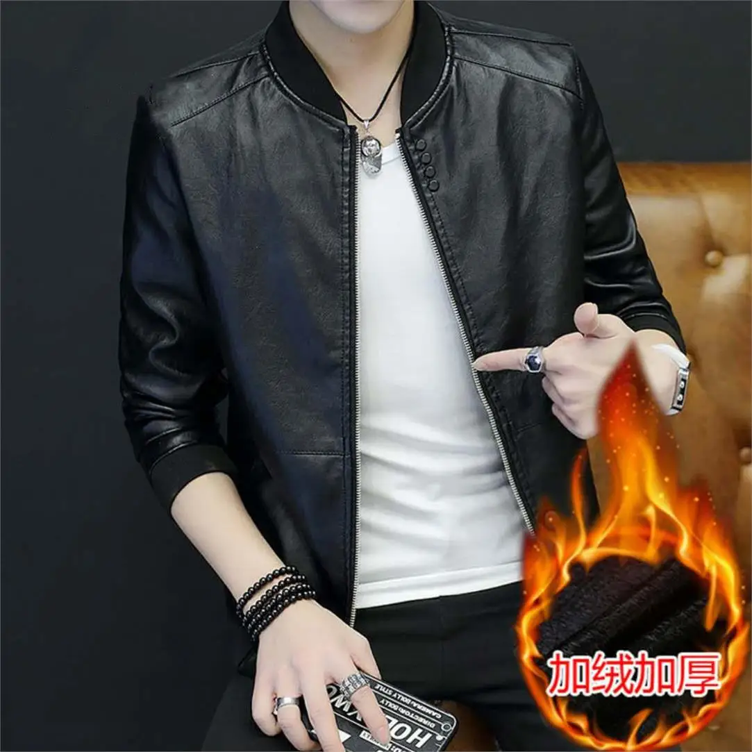 Мужская кожаная повседневная куртка OLOEY черная тонкая приталенная Молодежная из