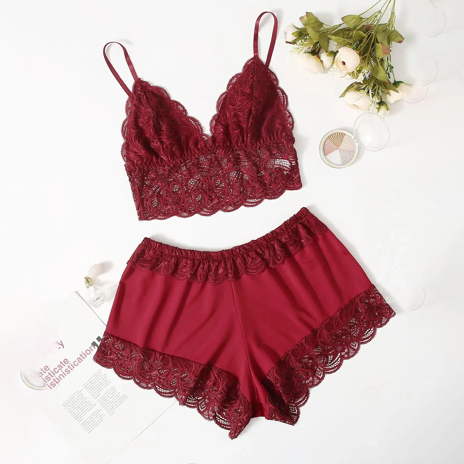 

Женская пижама, сексуальный комплект кружевной пижамы с V-образным вырезом, пижама без рукавов, топ с вырезами, 2021 короткая Пижама для женщин