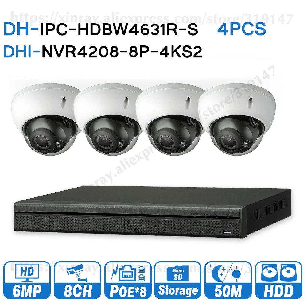 Dahua 6MP 8+4 Security CCTV System 4Pcs IR IP Camera IPC-HDBW4631R-S & 8POE 4K NVR NVR4208-8P-4KS2 Surveillance | Безопасность и