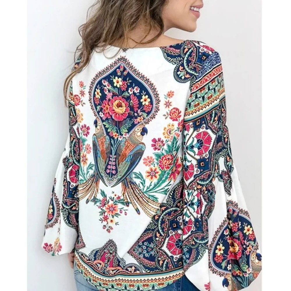 

Floral Print Lantern Sleeve Shirt Sexy Lace Up Tassel O Neck Women Tops Spring Summer Chic Blouses 2019 Boho Blouse Fashionable