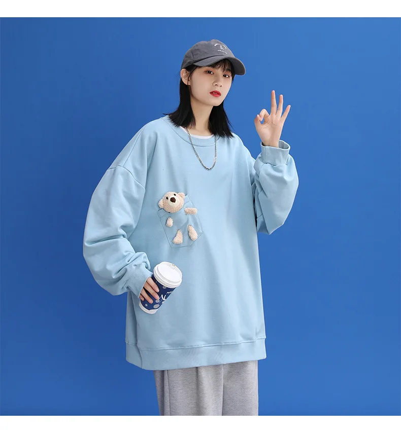

2021 New fall loose large solid color couples casual sweatshirt doll Bear decorated cute youth trend hoodie coat