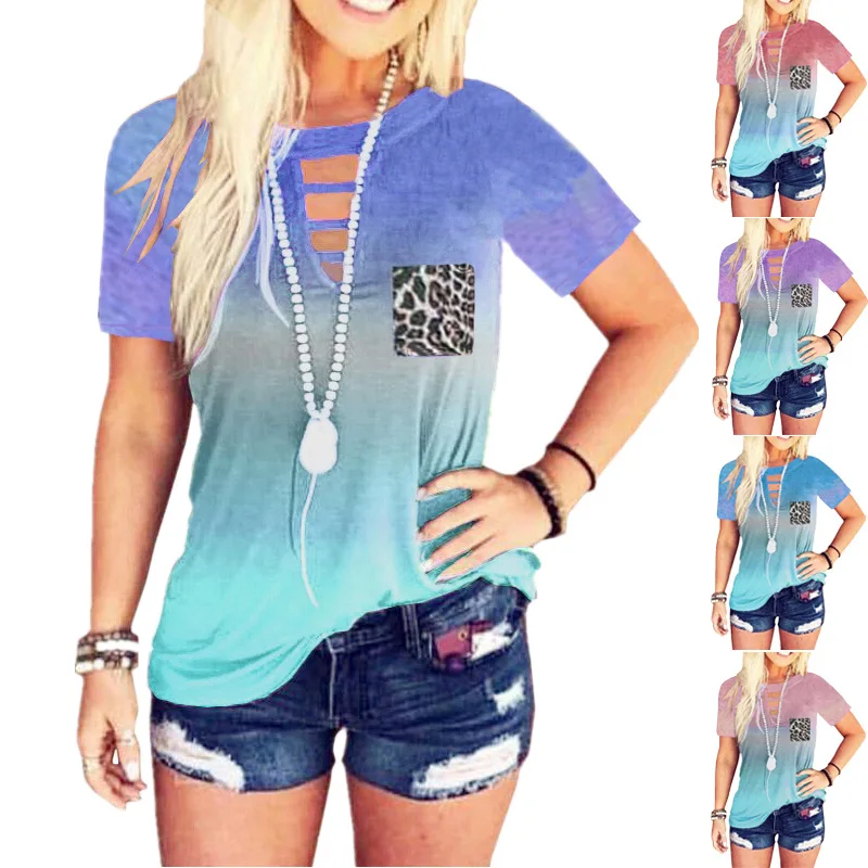 

2021 Summer New Fashion Women's Clothing Loose Round Neck Leopard Printing Top Short Sleeve Tie Dye T-shirt