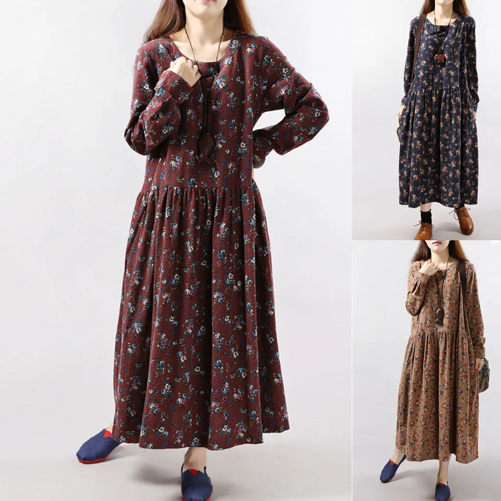 Женское модное повседневное льняное платье размера плюс с круглым вырезом и