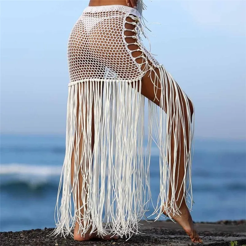 

Sexy Crochet Long Tassel Beach Skirt Swimsuit Cover-up Hollow Out Skirt Casual Beach Lace See Through Slim Long Skirts 2020 New