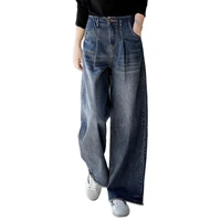 spring autumn 2021 new trousers womens trousers denim wide leg jeans large size 26 34 embroidery retro loose street style