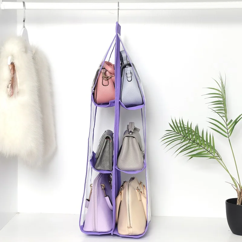 6 Pocket Clear Handbag Hanging Storage Bag 3 Layer Foldable Anti-dust Organizer Hanger Sanitary Pouch Wardrobe Closet Rack Bags | Дом и сад