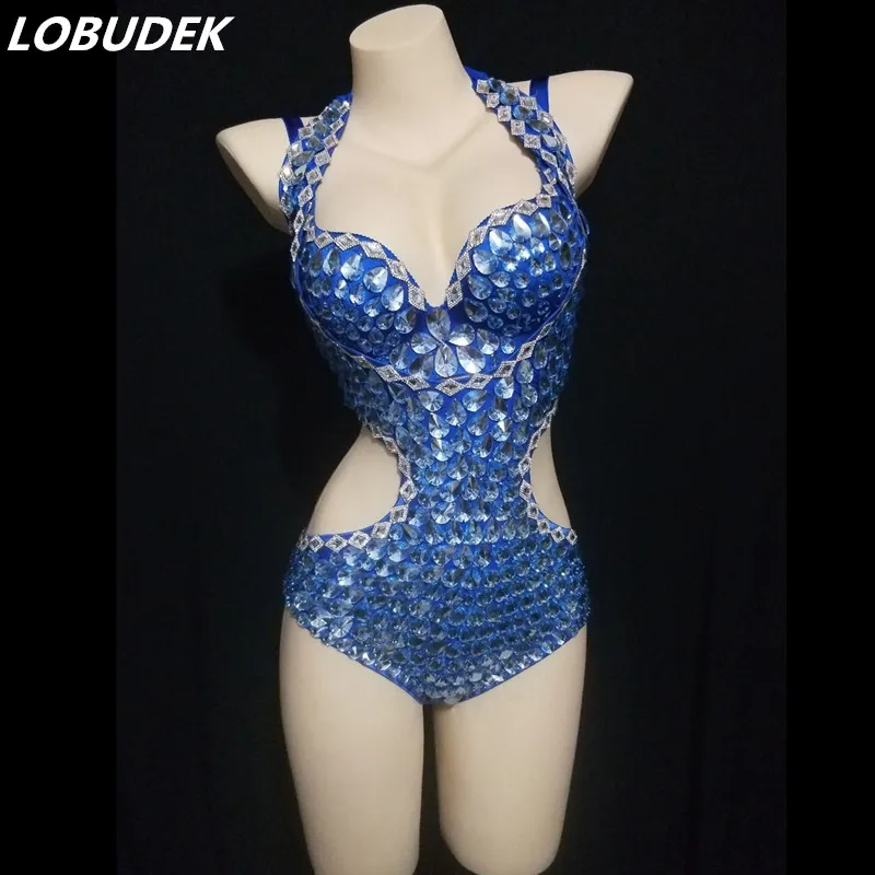 

Sexy Hollow Out DJ Singer Nightclub Dance Costume Blue Rhinestones Backless Bodysuit Dancer Bar Performance Crystals Stage Wear