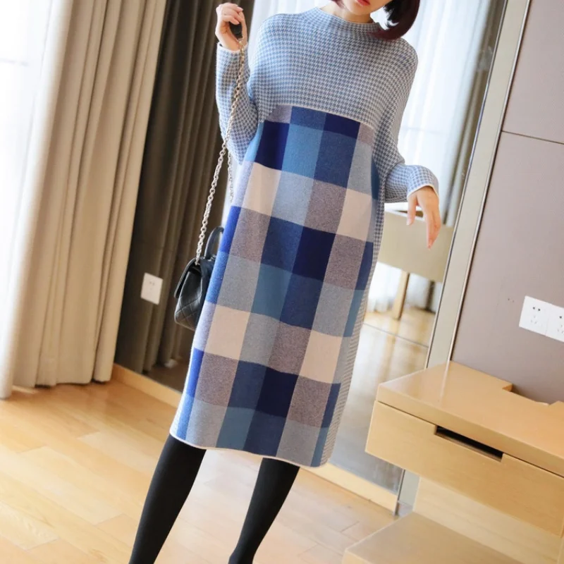 

Elegant O-neck Plaid Women Thicken Knit Sweater Dress 2021 Autumn Winter Knitted Loose Female A-line Soft Korean Dresses Ladies
