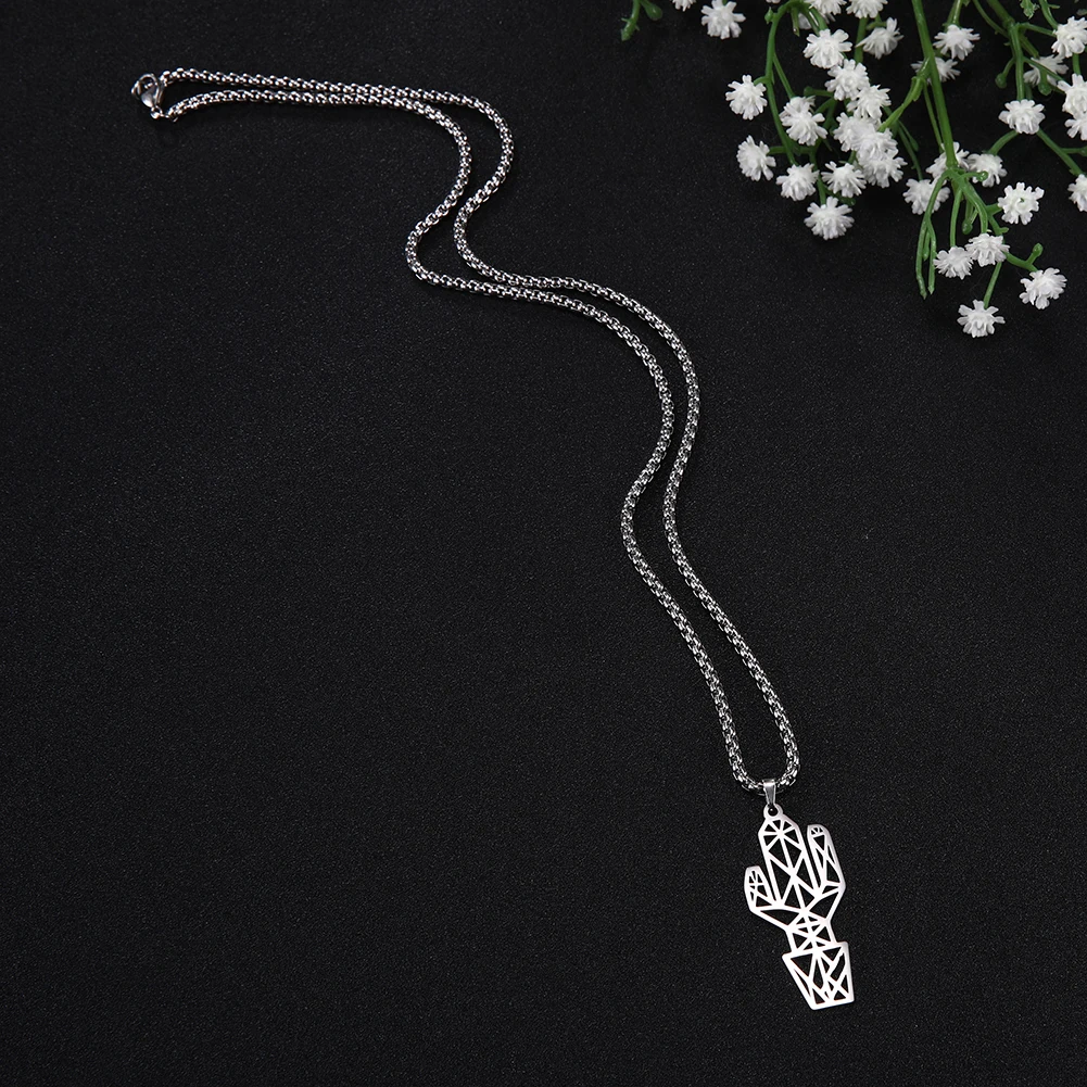 Skyrim Stainless Steel Cutout Cactus Pendant Necklace Simple Statement Long Box Chain Necklaces Jewelry Gift for Women Men | Украшения и
