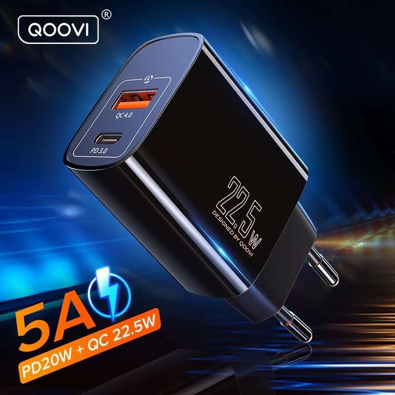 Сетевое зарядное устройство QOOVI с двумя USB-портами и поддержкой быстрой зарядки, 20 Вт, 5 А