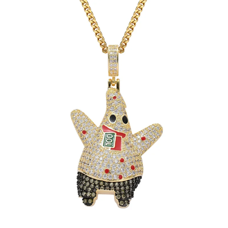 

Rhinestone Men Necklace Ice Out Cubic Zircon Cartoon Character Pendant Gold Silver Color Hip Hop Charm Chain Jewelry