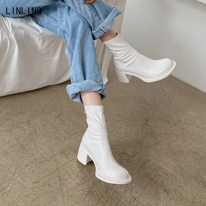 

Женские ботильоны на высоком устойчивом каблуке, модная женская обувь на молнии, Осень-зима 2021, мягкие кожаные белые короткие женские ботин...