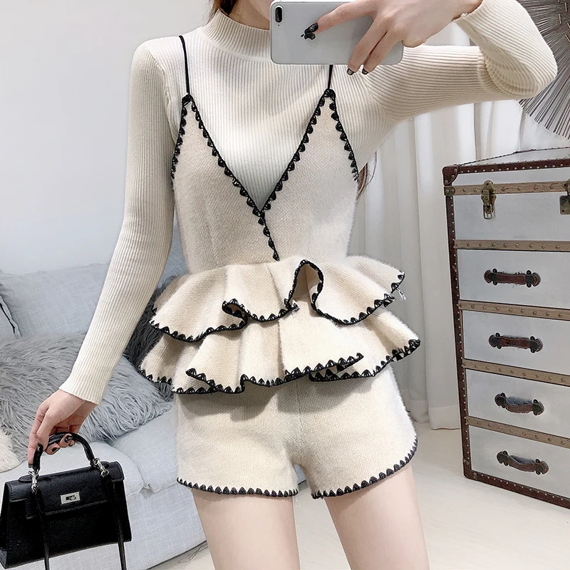 ALPHALMODA, вязаный свитер+ жилет с рюшами+ шорты, Женский Стильный костюм из 3 предметов, новинка, осенне-зимний модный комплект одежды